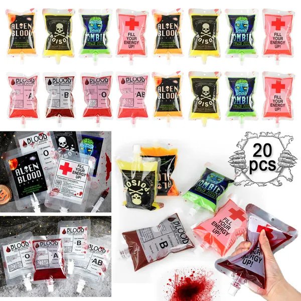 20 Pcs Blood Bags For Drinks Heavy Duty Hand-held Translucent Plastic Smoothie Reusable Leakproof Alcohol Bag Freezable Juice Pouches For Halloween Party Supplies Hot Weather Cooling