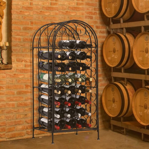 35 Bottle Wrought Iron Wine Rack Cabinet With Lock,  Black