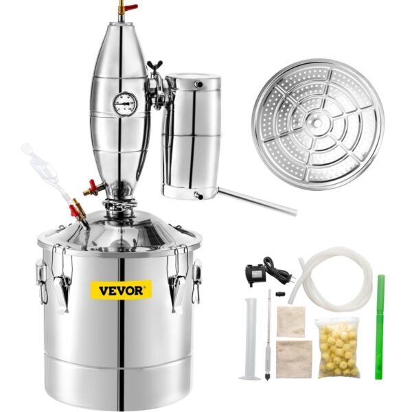 70L 18.5Gal Water Alcohol Distiller 304 Stainless Steel Alcohol Still Wine Making Boiler Home Kit With Thermometer For Whiskey Brandy Essential, Sliver