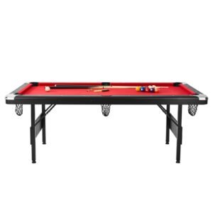 Billiards Table, 7 Ft Pool Table, Portable Foldable Space-Saving Table, Billiard Table Set Includes Balls, Cues, Chalks And Brush, Black With Red Cloth, Perfect For Family Game Room Kids Adults