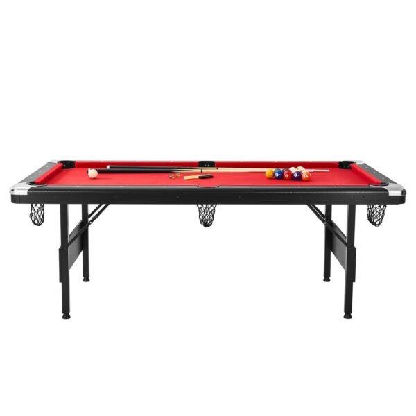 Billiards Table, 7 Ft Pool Table, Portable Foldable Space-Saving Table, Billiard Table Set Includes Balls, Cues, Chalks And Brush, Black With Red Cloth, Perfect For Family Game Room Kids Adults